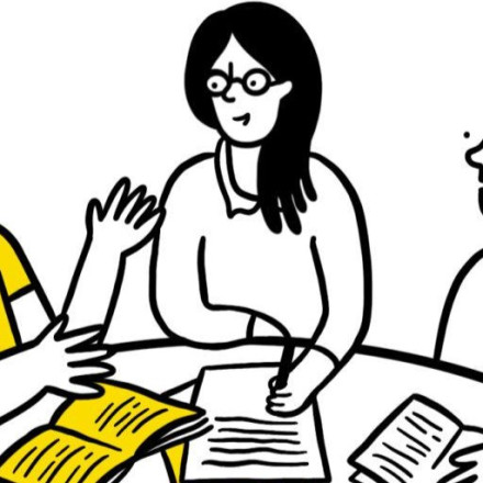 Grafik 3 Menschen sitzen zusammen am Tisch